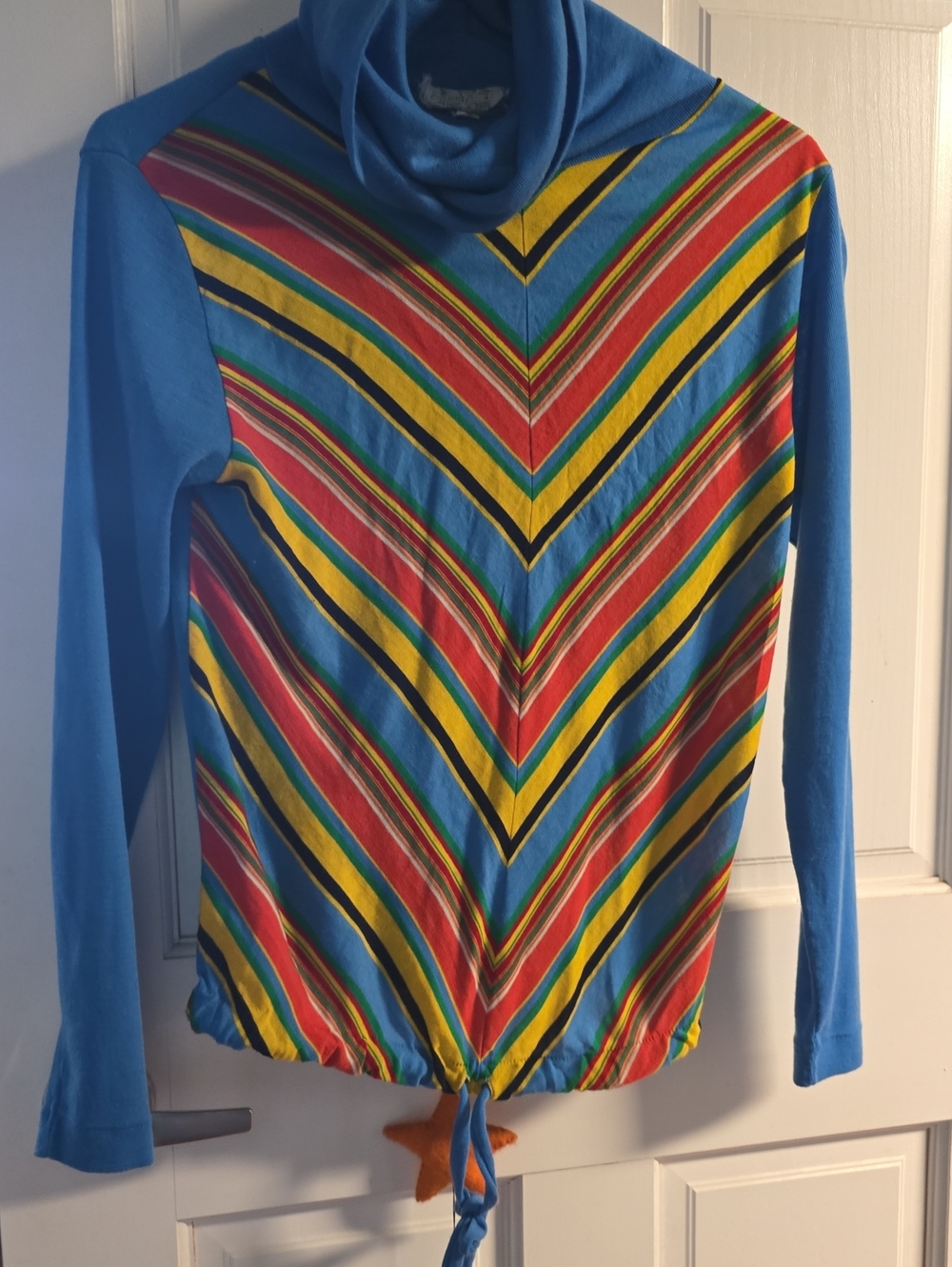 Blue Multicolor Chevron Turtleneck Tie-Hem Sweater Top